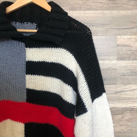 Vintage Hand Knit Black White and Red Wool Sweater Large - Picture 7 of 7